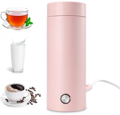 Portable Travel Kettle, 400ML Small Electric Travel Kettle, 3 in 1 Electric Heating Cup, Fast Boil and Auto Shut Off Heating Mug for Tea, Coffee, Baby Milk, Stainless Steel Kettle, Pink