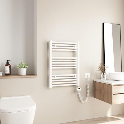 Heilmetz Scaldasalviette Elettrico Bagno 700x500mm, Termoarredo Elettrico Bagno con Temperatura Regolabile, Termostato Intelligente, Radiatore Elettrico Basso Consumo da Parete Verticale, Bianco