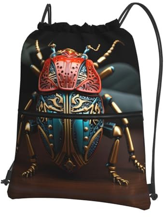 Rucksack mit Kordelzug, Reißverschluss, bunte Käfer-Tasche für Yoga, Fitnessstudio, Schwimmen, Reisen, Fitness, Sport, Schwarz, Einheitsgröße, Tagesrucksäcke