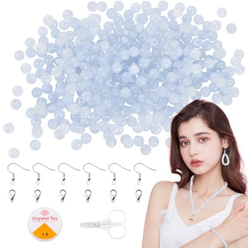 HOCUCHELAND 300 stück Acryl Perlen Kit, 6mm Blauer Runde Chalcedon Edelstein Perlen mit 14 Zubehörteile, Lose Perlen zum Auffädeln Steinperlen, Edelsteine für Armband Diy Halskette Schmuckherstellung
