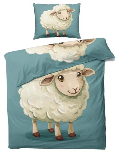 MOBEITI Schaf Bettwäsche 135x200, Tiere Wendebettwäsche, Weiche Kuschelige Mikrofaser Bettbezug Set 2teilig, 1 Kissenbezug 80x80, mit Reißverschluss -MO&363