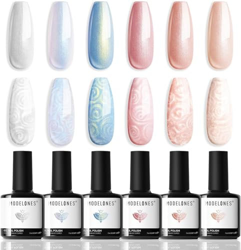 Modelones Pearl Gel Nail Polish, 6 Aurora Iridescent Shimmer Colors - White, Silver, Red, Blue - Mermaid Gel Swirl Shell Thread Effect - DIY Manicure