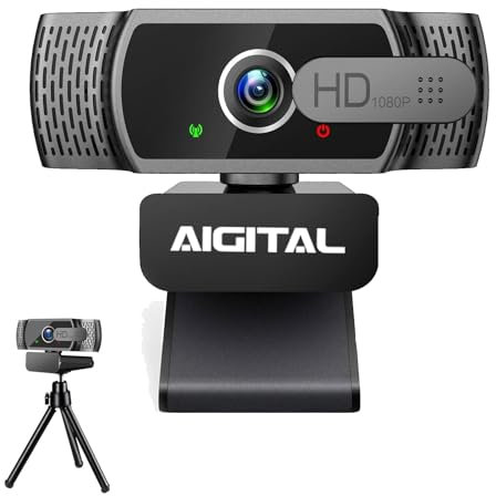 aigolink 1080p Webcam PC con Microfono, Web Camera USB con Privacy Shutter e treppiede, Auto-Focus, Correzione Luce, Videocamera Full HD Plug Play per Laptop Desktop Mac Windows Skype Zoom Team