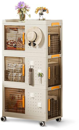 Warmiehomy Large Storage Boxes with Lids 64L*3 Tier Plastic Stackable Storage Drawers Boxes with Unique Pegboard Hooks, Foldable Collapsible Lidded Bins for Office Home Organisation