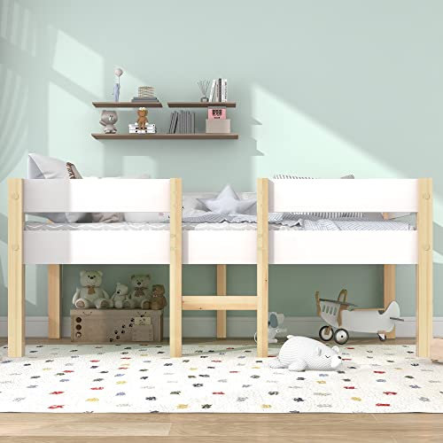 MSMOK Bett Kinderbett mit Rausfallschutz, Kiefer-Vollholz-90x200 cm-Weiß＋Eiche (90X190CM)
