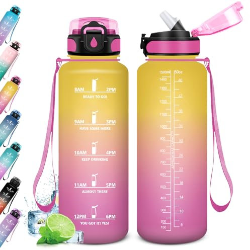 Wasserflasche 1.5L, Trinkflasche Auslaufsicher, Sport Wasserflasche mit Zeitmarkierung, Wasserflasche mit Strohhalm, Kohlensäure Geeignet, Sportflasche für Fitnessstudio, Oudoor, Schule, Sprudel