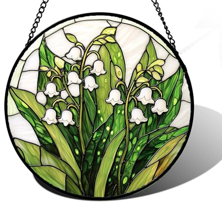DASTOLL Cristal de colores para colgar en la ventana, atrapasueños de flores de lirio del valle, panel de vidrio colorido, plantas verdes, decoración para cumpleaños para mujeres, hombres, esposa