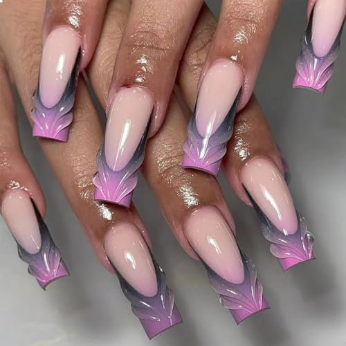 GlamRays Faux Ongles Longs Carrés Violet Foncé Dégradé French Tip Ongles Collants Design Acrylique 3D Vague d'eau 24 Pièces Squoval Faux Ongles