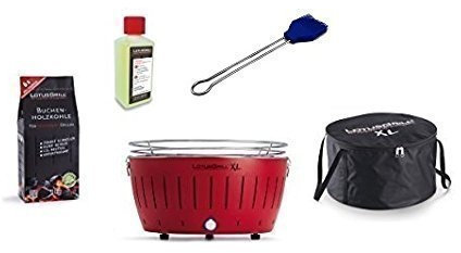 LotusGrill XL Starter Set 1x ROSSO FUOCO 1x CARBONE legno di Faggio 1KG, 1x PASTA MASTERIZZAZIONE 200ml, 1x Pennello da barbecue ULTRA marinblau, 1x Borsa trasporto - Der raucharme a carbone/