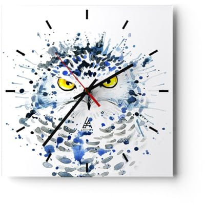 Modern Wanduhr Mode Design Eule Aquarell 30x30cm Quadrat Klein Wand Uhr Glas Analog Zimmeruhren Küche Büro Wohnzimmer Glasuhr Wall Clock Dekoration Design Wanddekoration Küchenuhr C3AC30x30-2838