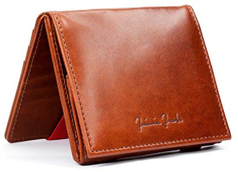 Jaimie Jacobs Flap Boy mit Münzfach Das Original Magic Wallet RFID-Schutz magisches Portmonaie Brieftasche mit Kleingeldfach Herren echtes Leder (Dunkelbraun mit Rot)