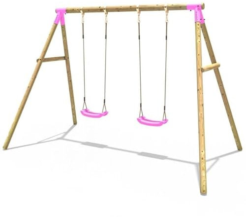 Rebo® Children's Wooden Garden Swing Set - Venus Pink | OutdoorToys | Pressure Treated Timber, Soft Feel Ropes, Two Green Swing Seats, Sturdy Construction for Kids