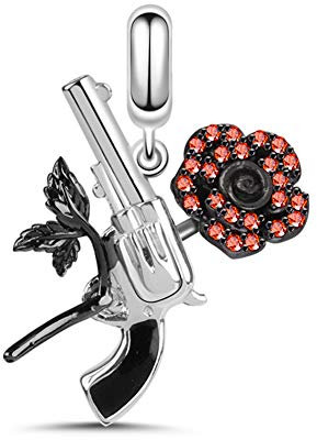 GNOCE Charm Silber Pistole und Rose Charm Anhänger 925 Sterling Silber Liebe mit Gefahr Baumel Charm mit rotem CZ für Armband/Halskette Weihnachtszauber Geschenke für Sie
