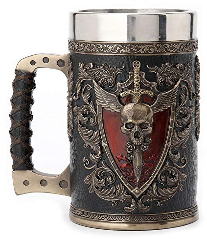 Veronese Design 6.25 Inch 0.5 L Winged Sword And Shield Skull Crest Beer Stein Stainless Steel Tumbler Antique Bronze Finish Sculpture Cup