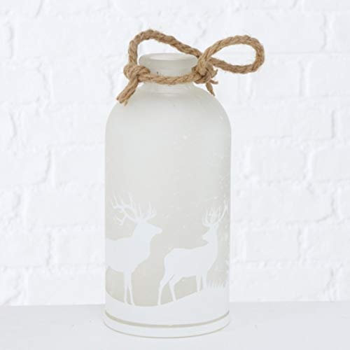 LED Deko Flasche Dekoaufsteller Glas mit Hirsch-Motiv beschneit H 20 cm