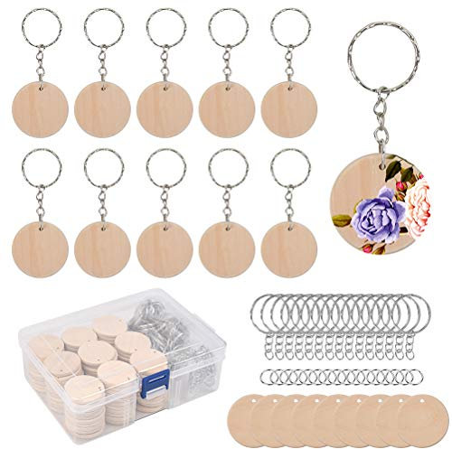 BUYGOO 100Pcs Holzscheiben Rund 35mm Holz Scheiben, DIY Handwerk Holzscheiben mit 3mm Loch und 100Pcs Schlüsselringe für DIY Heimwerker Weihnachtsschmuck Ornamente Hängedekorationen