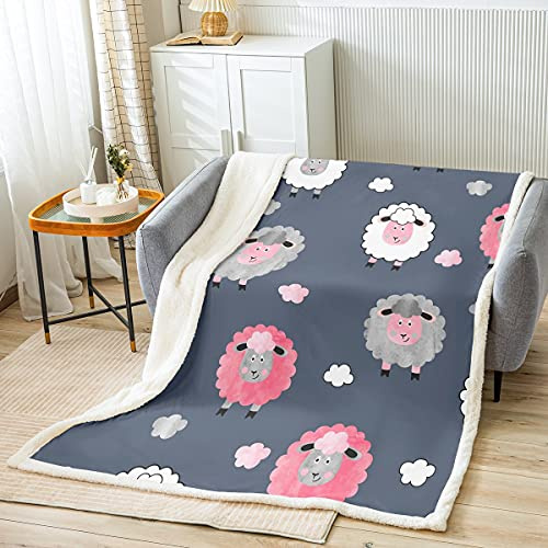 Homemissing Coperta in pile con pecora, motivo di pecora, ragazze, con simpatiche nuvole, colore: grigio, rosso, bianco,