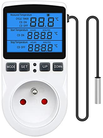 Jooheli Prise Thermostat, 220V Thermostat Terrarium, Thermostat Prise Thermostat avec Sonde, Chauffage Refroidissement Regulateur Température Numérique (Lumière Bleue)