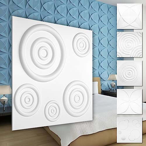 HEXIM 3D Wandpaneele, PVC Kunststoff weiß - Kreis Design Paneele 50x50cm Wandverkleidung (5QM HD079) hinter TV glatt hochglanz Decke