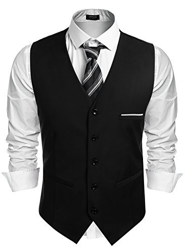 COOFANDY Men's Waistcoat Dress Suit Business Vest Elegant Wedding Suit Classic Waistcoat with Pockets Black XL
