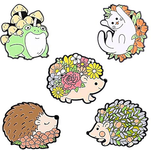Lot de 5 broches en forme d'animal hérisson, grenouille, chat, pour manteau, collier, sac, accessoire pour femmes, hommes, filles, garçons, Laiton