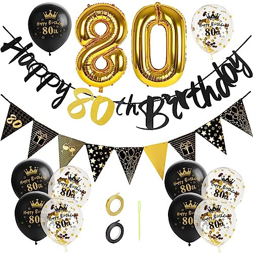 GoldRock 80 Geburtstag Deko Mann Frauen, Deko Geburtstag Mann 80, Luftballon 80 mit 80 Geburtstag Banner,Folienballon Zahl 80 Größe,Geschenke zum 80 Geburtstag Ballon Set Schwarz Gold,80er Jahre Deko