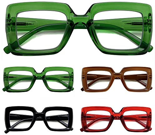 Eyekepper Paquete de 5 Gafas de lectura cuadradas para señoras De gran tamaño con estilo para leer Incluye 2 piezas verde +1,50