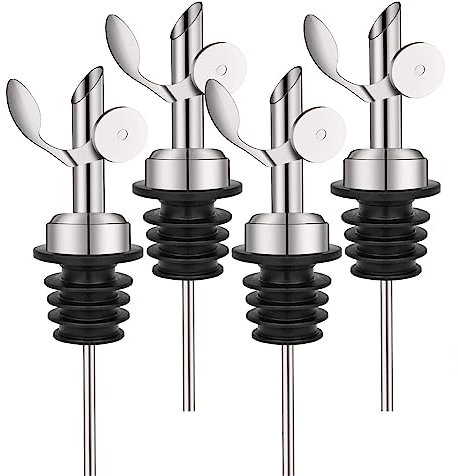 WAFJAMF 4 Pcs Weighted Stainless Steel Bottle Pourers, Self Closing Olive Oil Dispenser Spout, Auto Flip Feature Liquor Pour Spouts for Pours Liquid, Olive Oil, Wine, Vinegar（Silver）