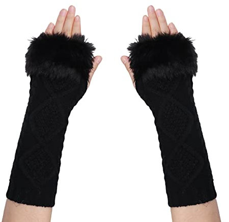 SIQITECH Armstulpen Damen Winter Strickhandschuhe mit Kunstpelz Armwärmer Fingerlose Pulswärmer Lange Winterhandschuhe mit Daumenloch Armstulpen Warme Handschuhe Gestrickte Handwärmer Dehnbar