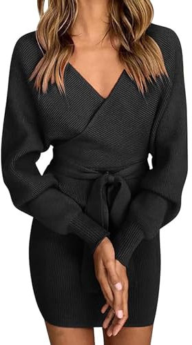 Bcenoilua Robe Femme Tricot à Manches Longues Elégant Col V en Pull Dos Nu Mini Chauve-Souris Moulante Slim avec Ceinture pour Cocktail Automne Hiver