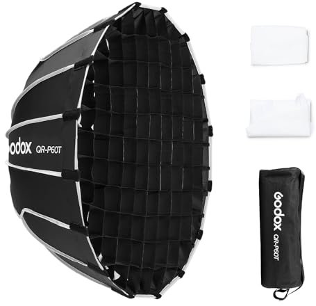 Godox QR-P60T 60cm Schnellverschluss-Parabol-Softbox faltbar mit Wabengitter, Bowen-Mount, Diffusor-Tragetasche für Godox MS300 MS300-V SK400II DP400,AD400PRO