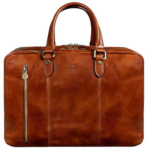 Time Resistance Leather Laptop Briefcase - Full Grain Leather Computer Bag for Men and Women (Cognac Brown)