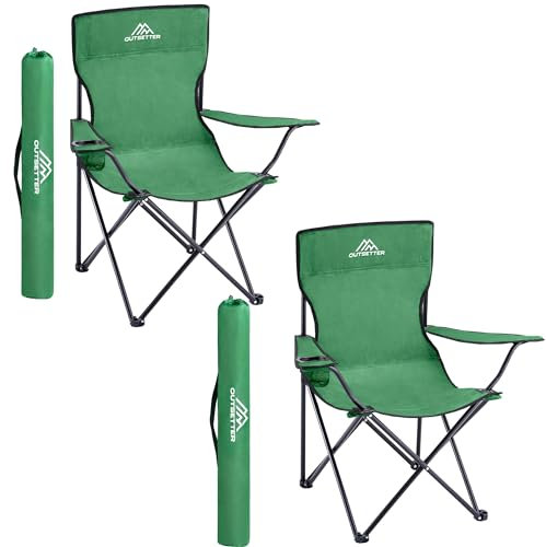 Set of 2 Camping Chairs | Lightweight Folding | Portable Chair for Outdoors | Cup Holder | Storage Cover | Outdoor Leisure Chair Durable with Arm Rest for the Beach, Lawn and Fishing Trip Garden Green