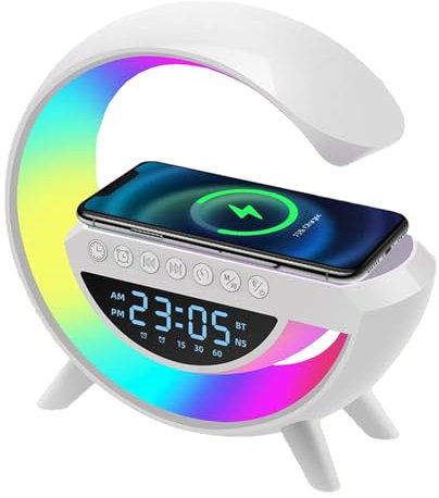 HOUSECURITY Atmosfera luce Notturna Caricabatteria per Telefono Wireless Altoparlante Bluetooth Sveglia Tutto in una Lampada da Tavolo a LED per Camera da Letto, Soggiorno, Ufficio (BT-3401)