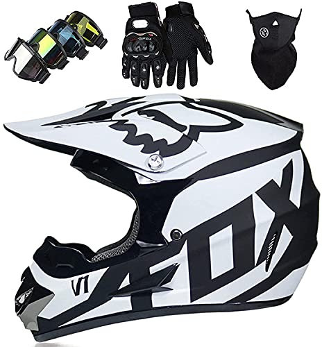 NIKSHI Motorradhelm Kinder Offroad Motorradhelm Set Mit Brille Handschuhe Fahrradhelm Unisex Integral Crosshelm Downhill Vierer Ausdauer ATV Mountainbike Schutzhelm,White-S =(52〜53CM)