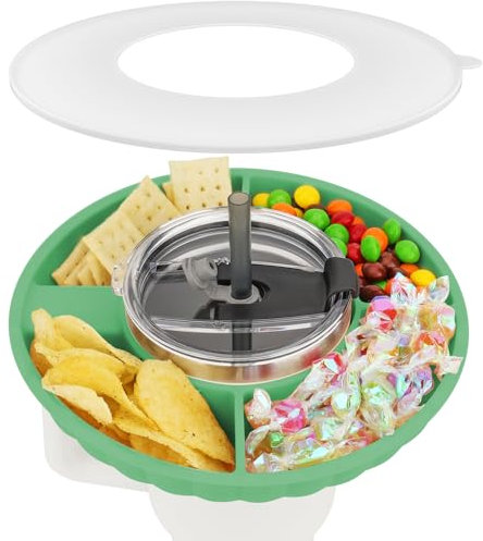 Musiwanna Snack Tray with Lid for Stanley Cup 40oz/1.18L, ONLY for 40OZ, Snack Plate Compatible with 40oz Tumbler, Silicone SnackBowl with 4 Compartments, SnackStorage Top Ring (Green)