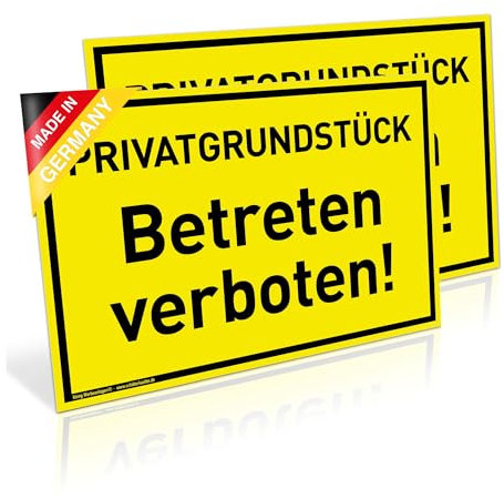 2 Schilder Privatgrundstück | Betreten verboten | 30 x 20 cm | wetterfestes PVC-Schild mit UV-Schutz | signalgelb | Befahren verboten Privat