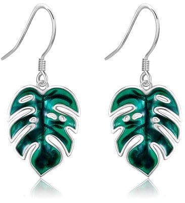 Leaf Earrings 925 Sterling Silver Palm Leaf Dangle Earrings Green Monstera Leaves Tropical Plant Jewellery for Women