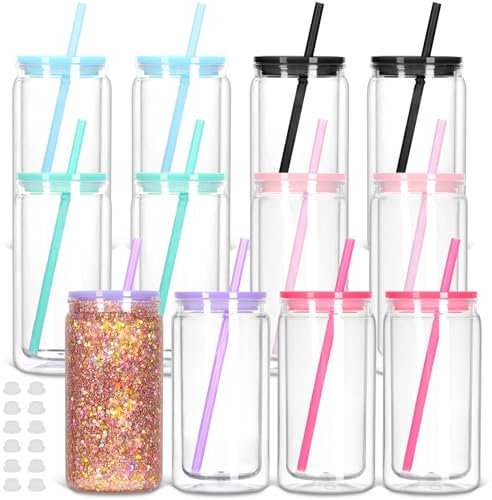Tswofia 12 Pack Snow Globe Tumbler with Pre-Drilled Hole, 16 Oz Double Wall Can with Lid and Straw, Plastic Mason Jar Mug for Snow Globe Glitter DIY Gift (Mixed Colors)