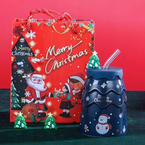 Liemuao Geschenkset Kaffeetasse Weihnachten 400 ml, Weihnachtsbecher in Tannenform mit Deckel und Strohhalm, süße Keramiktasse für Kinder & Erwachsene (blau)