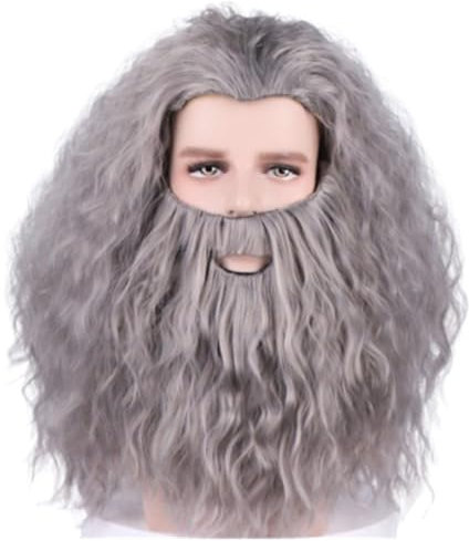NiceLisa Santa Claus Old Man Zauberer Bartperücken Set Grau Wellige Lockige Schneemann Monster Gorilla Krieger Weihnachten Cosplay Perücke