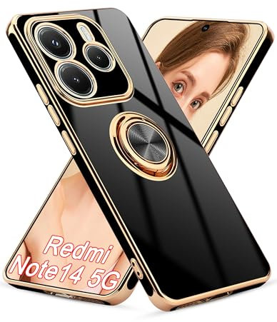 Jusy für Xiaomi Redmi Note 14 5G Hülle mit 360° Drehring und Magnetständer,Handyhülle Redmi Note 14 5G mit Luxuriösem Glanz-Finish und Elektroplattierung,Schwarz/Gold