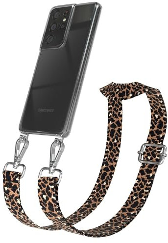 EAZY CASE Handykette - Verstellbares Taschenband kompatibel mit Galaxy S21 Ultra 5G, Schulterriemen, Handykordel mit Silikon Hülle, Umhängetasche, Leo - Schwarz Braun Silber