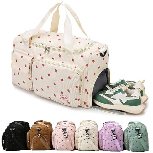 Fraises Velours Côtelé Sac de Sport Femme,Sac de Voyage Femme,Weekend Bag avec Compartiment Humide (Couleur Rose)