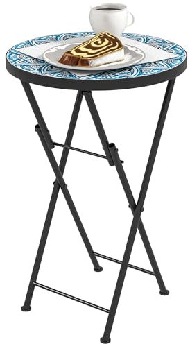Outsunny Beistelltisch klappbar Gartentisch mit Mosaik-Design, Ø35,5 x 55 cm Rund wetterfest Balkontisch aus Metall, Campingtisch Klapptisch Kaffeetisch für Wohnzimmer Büro Outdoor Indoor, Blau
