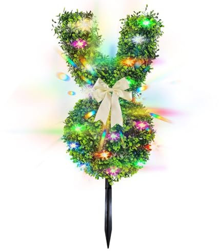 Ostern Hase Gartenstecker Deko mit Schleife für Wetterfeste Außendekoration für Beet Rasen Vorgarten Hasenfigur Grün Frühlings Osterdeko Topiary Baum Topf gefälschte Osterhasen Pflanze wetterfest (A)