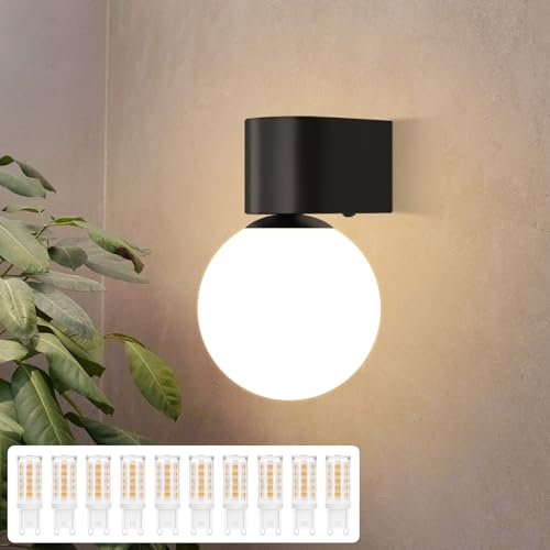 Kowanie Wandleuchte Vintage Wandlampe Badezimmer: innen Wandbeleuchtung Weiß Glaskugel Retro Schwarz Flurlampe Wand rund Wandstrahler inkl. 10 × 3W G9 Leuchtmittel für Schlafzimmer Wohnzimmer