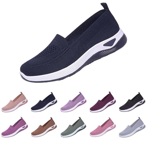 Lightning+Deals+of Today Prime Slip On Trainers Women Wide Fit Ladies Breathable Mesh Walking Running Shoes Comfortable Arch Support Soft Sole Athletic Tennis Deal of The Day Dark Blue 4.5