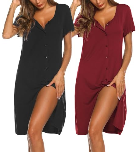Ekouaer Nighties for Women Summer 2 Pack Nightdresses Button Front Nightshirts Nightwear Short Sleeve, Black + Wine Red S