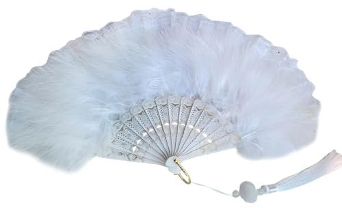 Comforso Lace Feather Folding Fan, Lace Feather Fans with Pendants, Vintage Foldable Lace Fan for Women Elegant Folding, Handheld Fan for Party Wedding Church Dancing and Decoration(1, White)